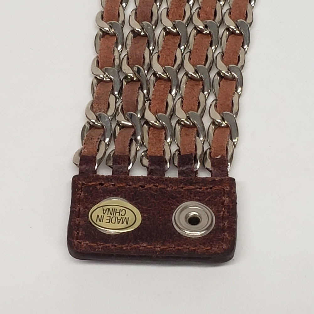 Womens Leather Metal Chain Links Bracelet Snap Closure - Picture 6 of 9